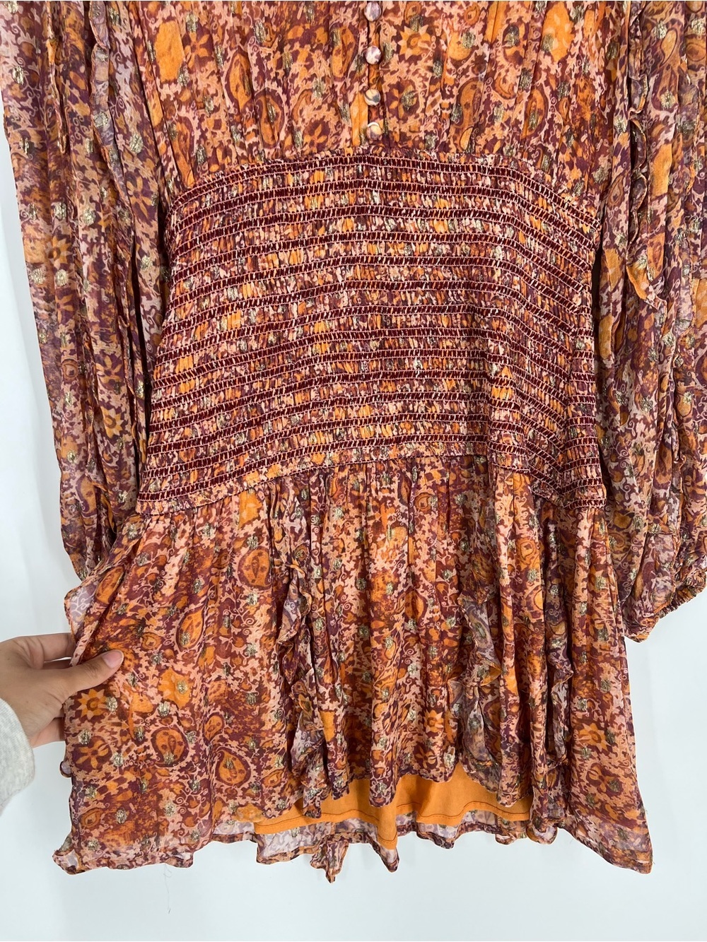 Rococo Sand Rust Gold Paisley V Neck Drop Waist Long Sleeve Chiffon Mini Dress S - Picture 3 of 8